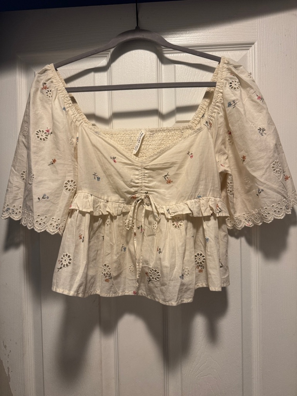 American Eagle Outfitters Cream Floral Eyelet Peasant Top with Tie